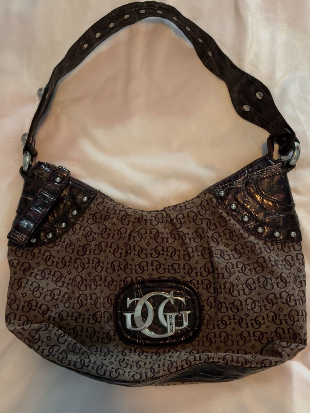Vintage Guess y2k Purple and Brown Monogram Shoulder Bag